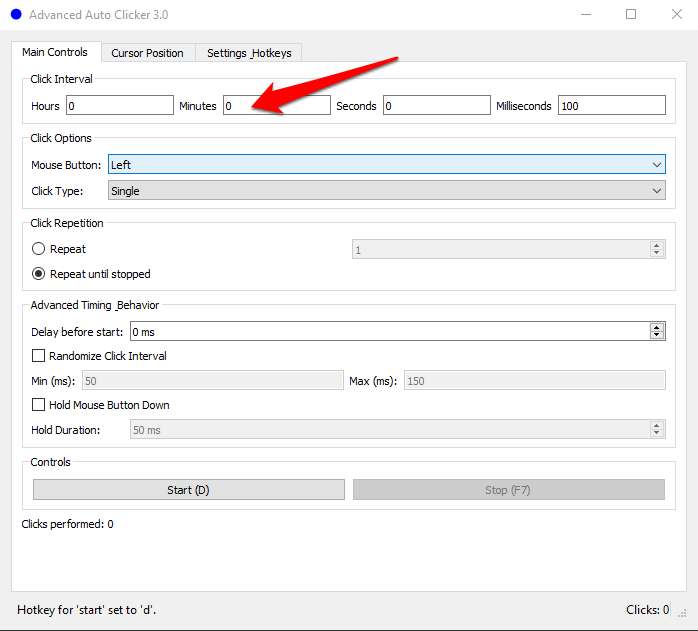 Setting click interval to 1 minute in Advanced Auto Clicker