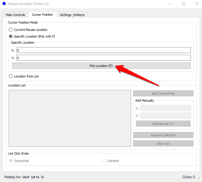 Using Advanced Auto Clicker to pick the screen coordinates of the browser refresh button