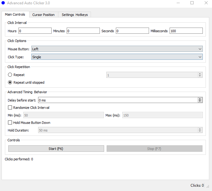 Advanced Auto Clicker Interface Screenshot showing advanced settings