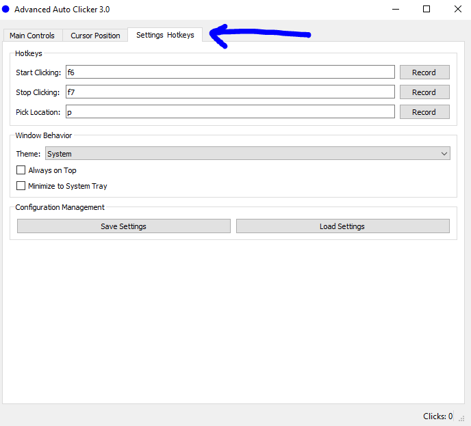 Location of the Settings & Hotkeys Tab in Advanced Auto Clicker